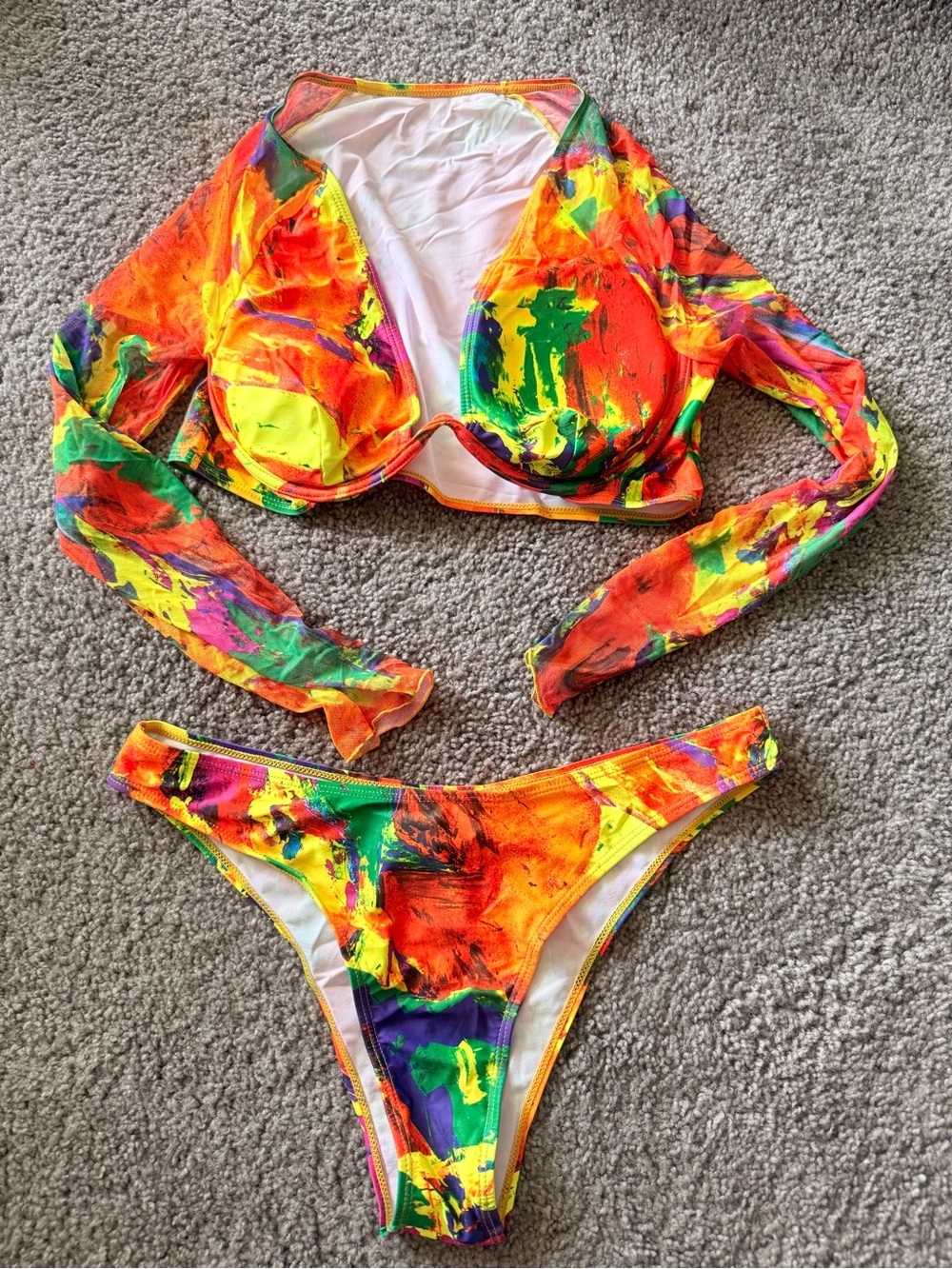 Neon Paint-Splash Long Sleeve Bikini Set